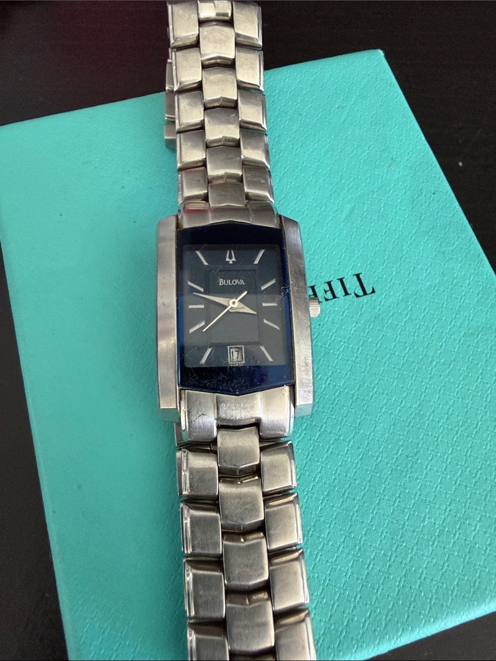 Bulova Silver Stainless Steel Watch with Black Dial